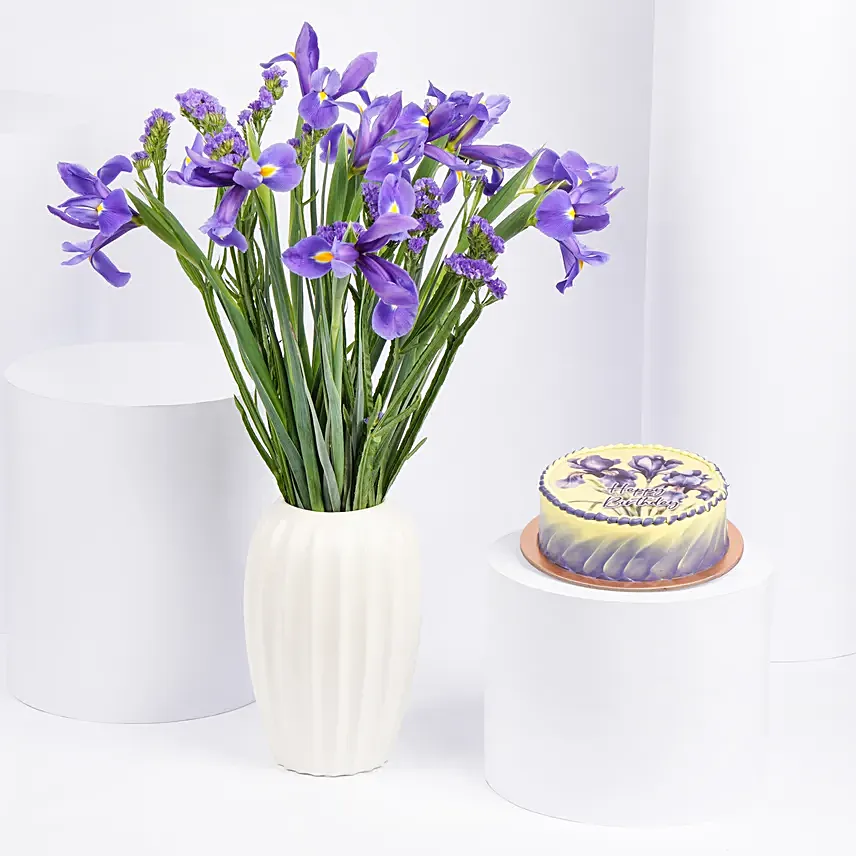 IRIS Flowers Arrangement in Premium Vase and Cake