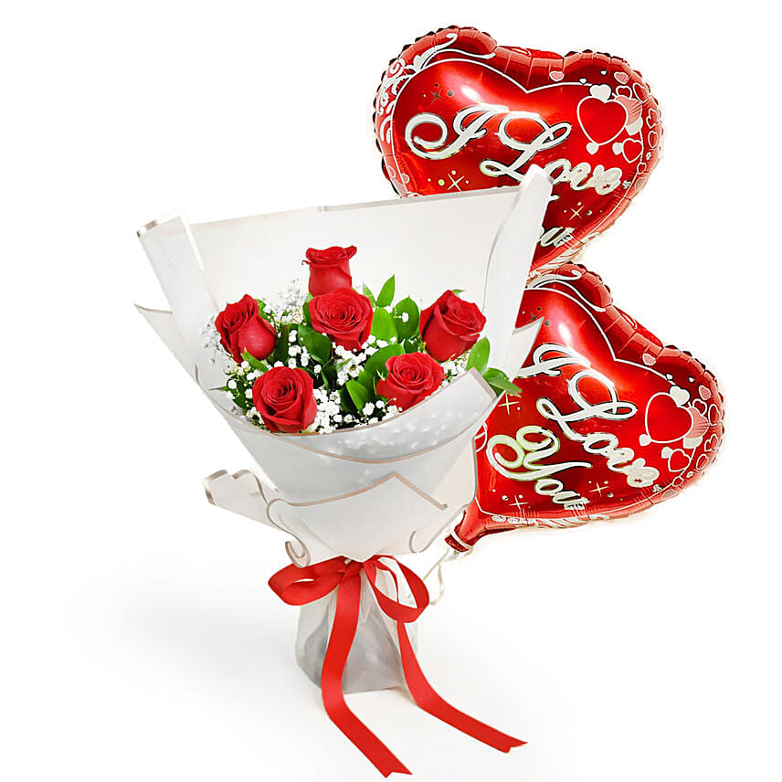 Valentine 6 Roses Bouquet With Balloons