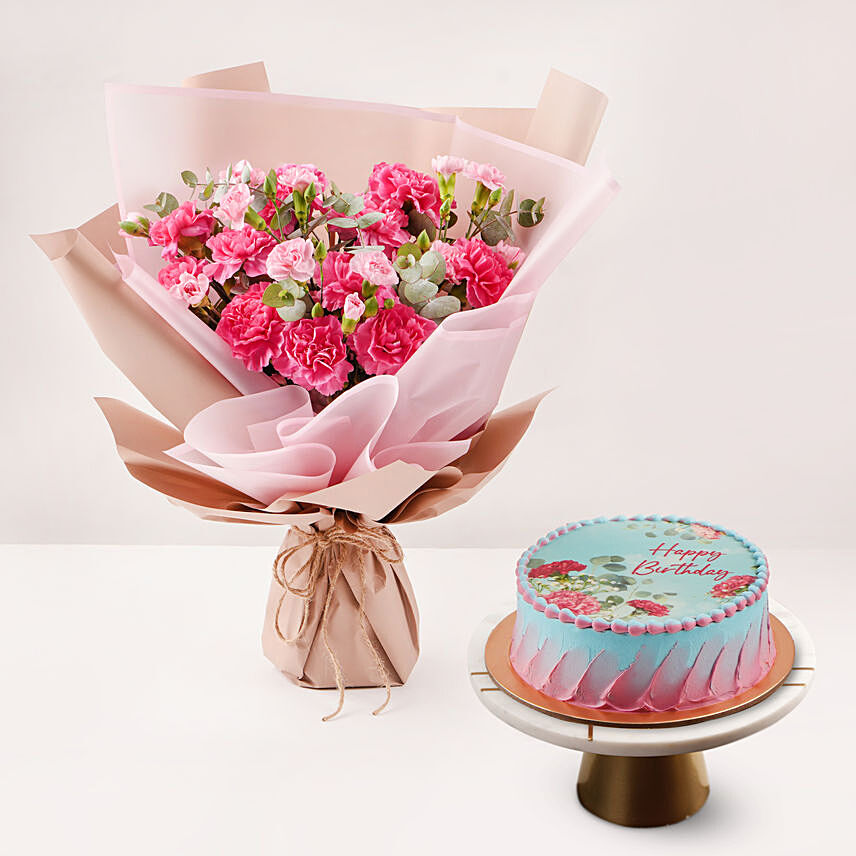 Birthday Wish Carnations Bouquet With Cake