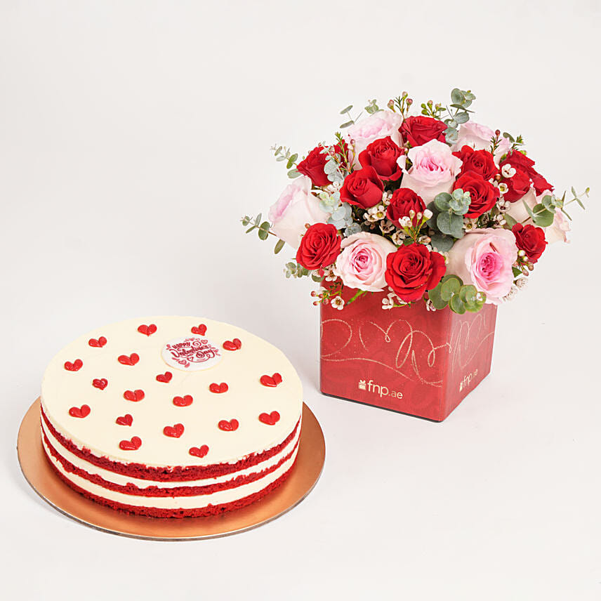 Valentines Red Velvet Cake with Pink and Red Roses in valentines Vase