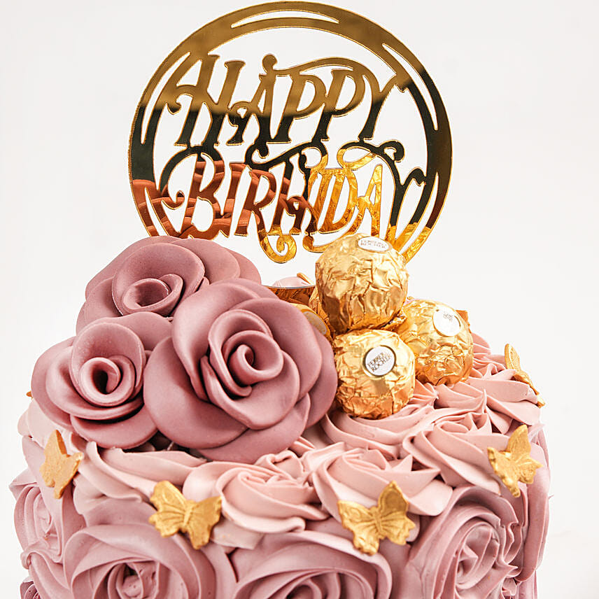 Rose floral cake with happy birthday cake topper