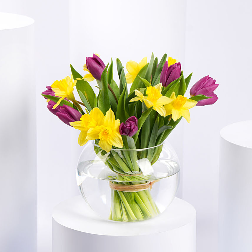 Daffodils and Tulips Beauty in Fish Bowl