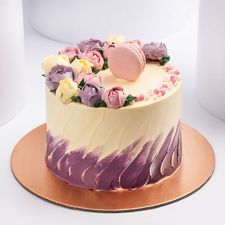 Flowers And Macaroons Chocolate Cake