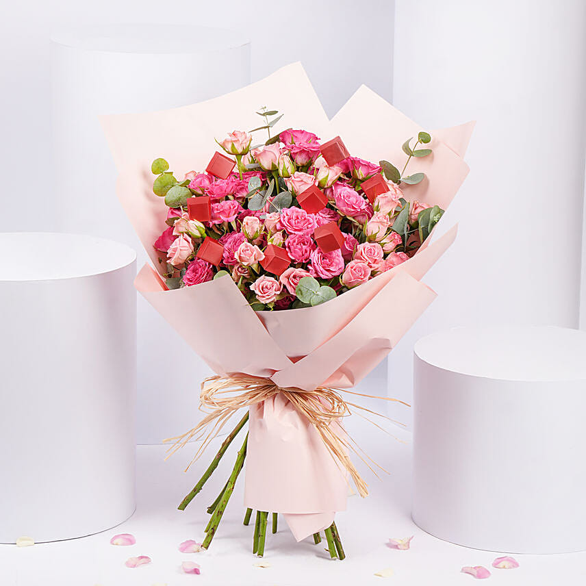 Blushing Pink Spray Rose With Chocolates