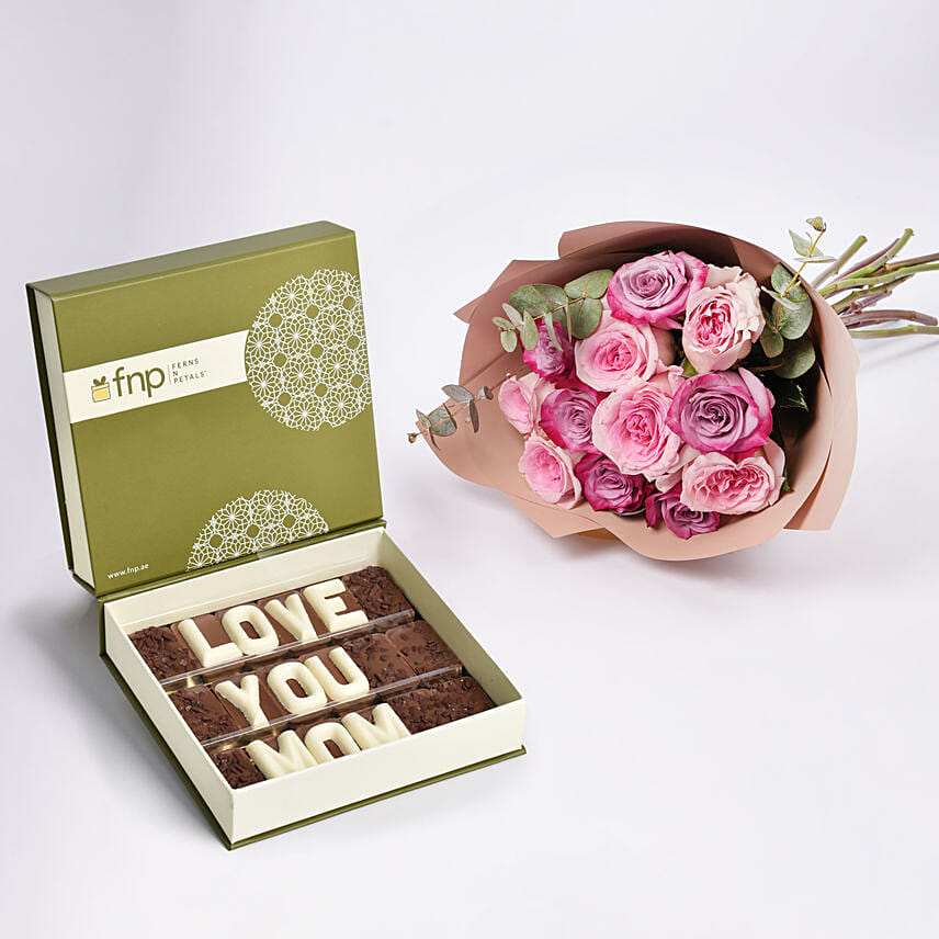 Pink And Purple Roses Bouquet With Love You Mom Chocolates