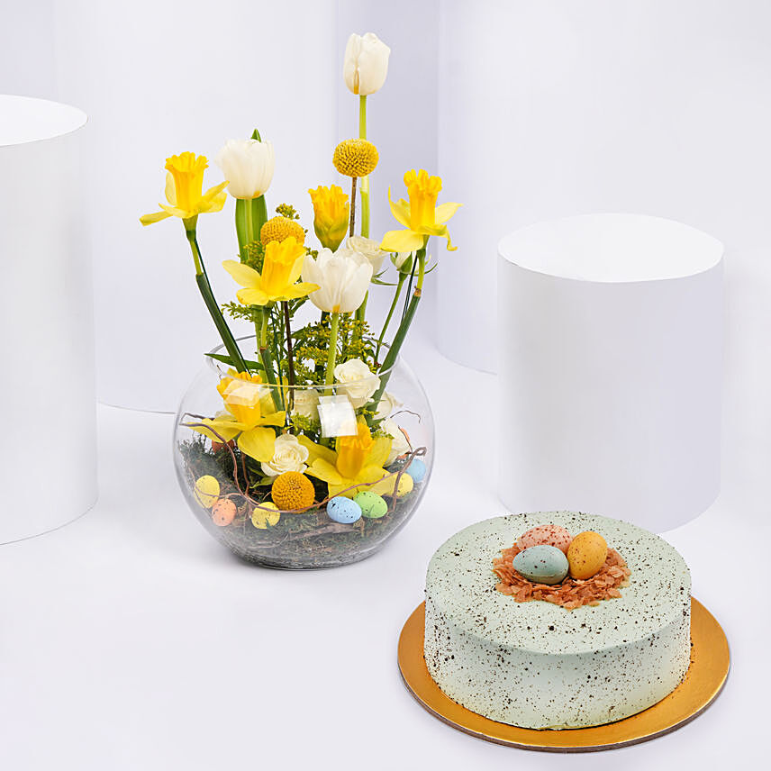 Easter Daffodils With Tulips And Chocolate Cake