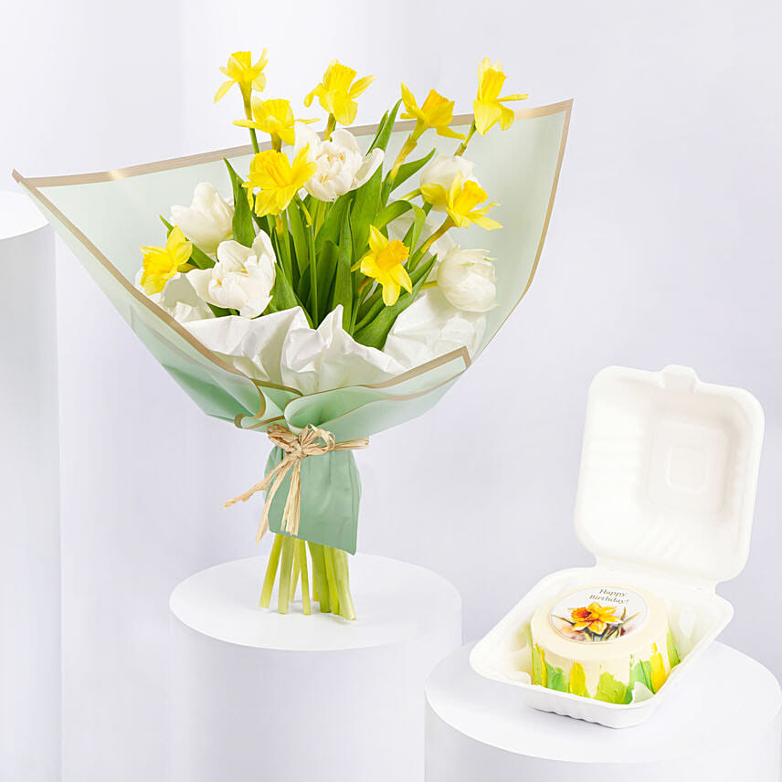 Daffodils and Tulips Birthday Flower Bouquet With Bento Cake