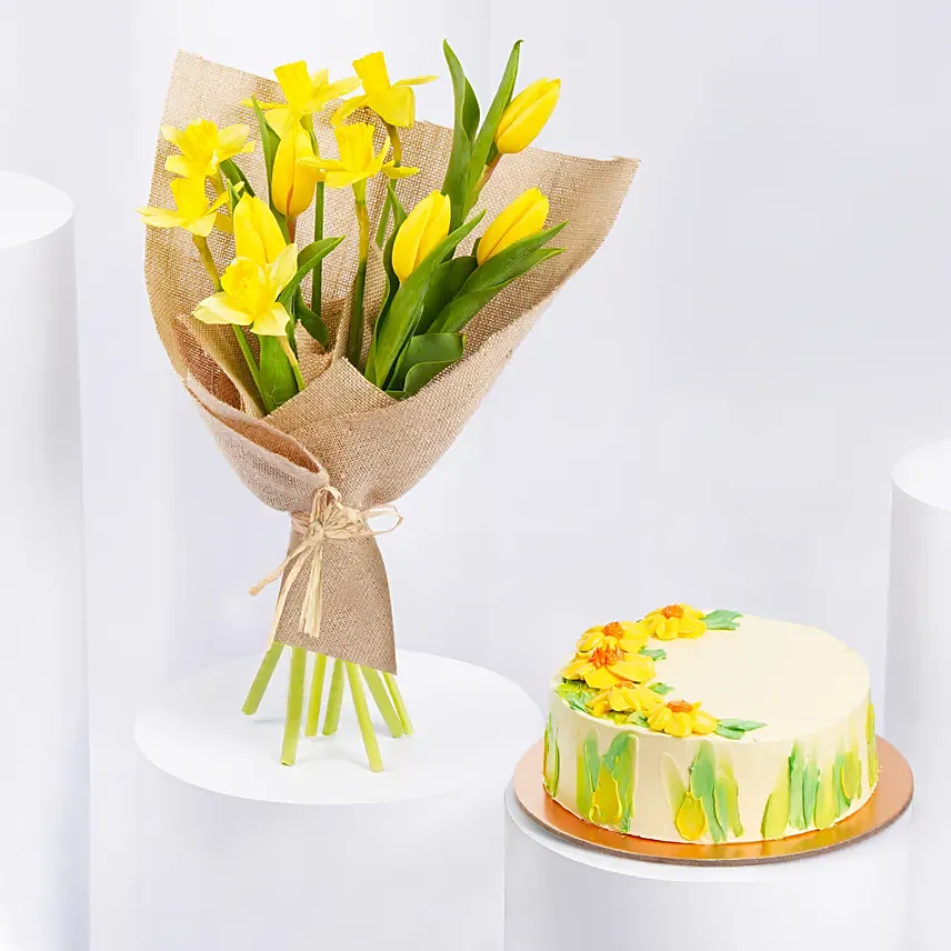 Daffodils withTulips Birthday Flower Bouquet and Cake