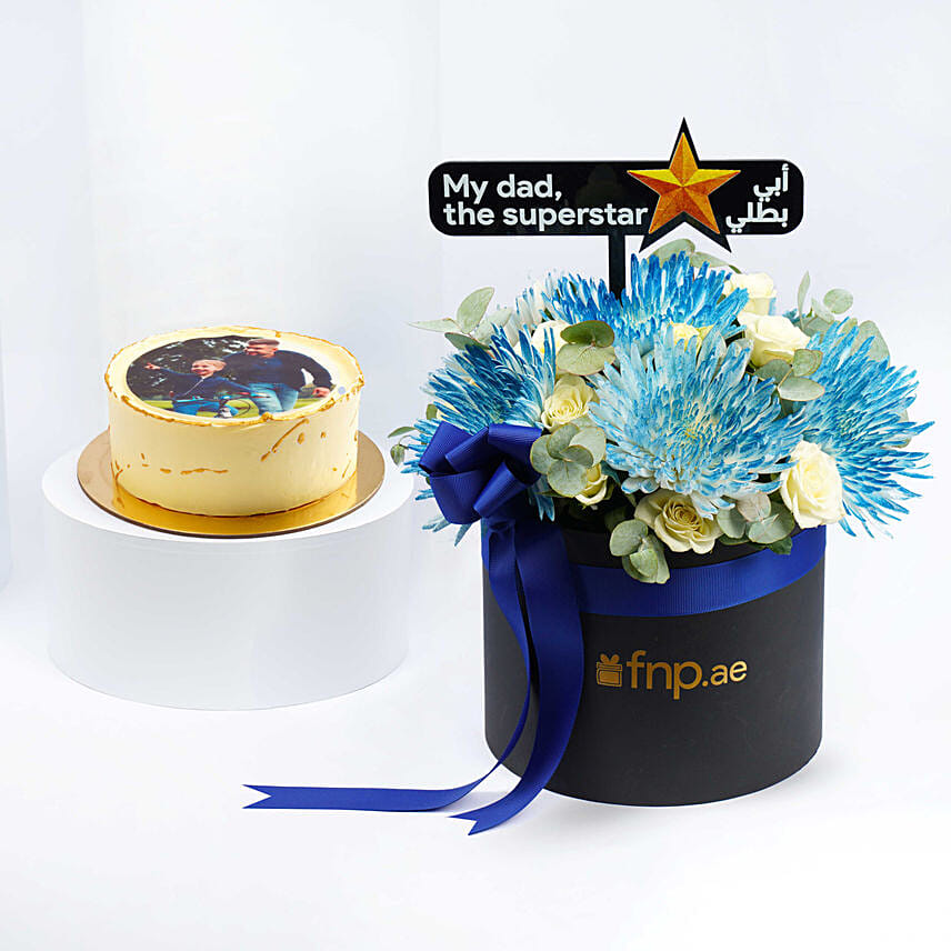 Delicious Chocolate Photo Cake For Dad With Flowers