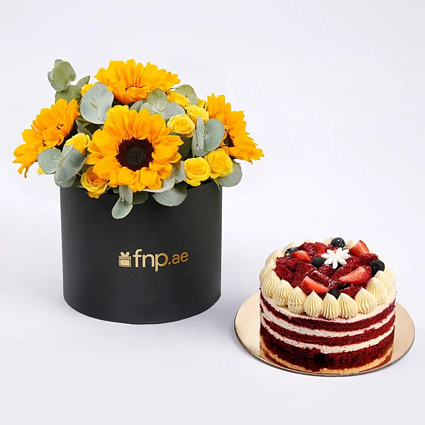 Bright Sunflowers with Red Velvet Cake