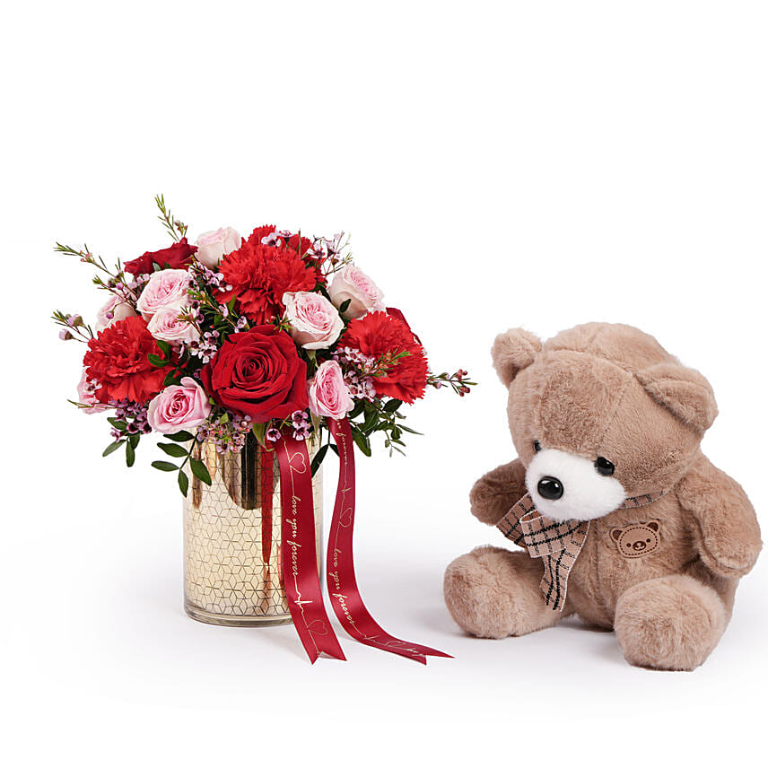 Mix Roses in Golden Vase with Brown Teddy Combo