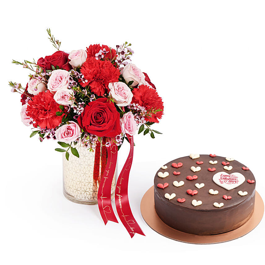 Mix Roses in Golden Vase with Valentines Chocolate Cake Combo