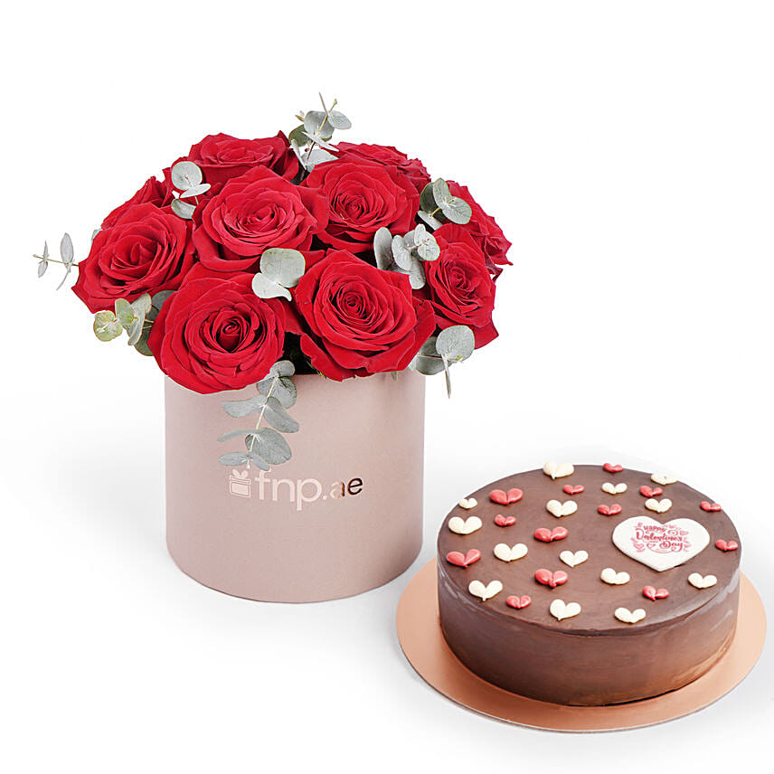 Red Roses in Box with Valentines Chocolate Cake Combo