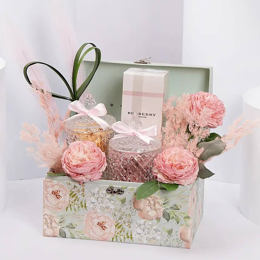 A beautiful pink flower hamper with burberry perfume for girl 