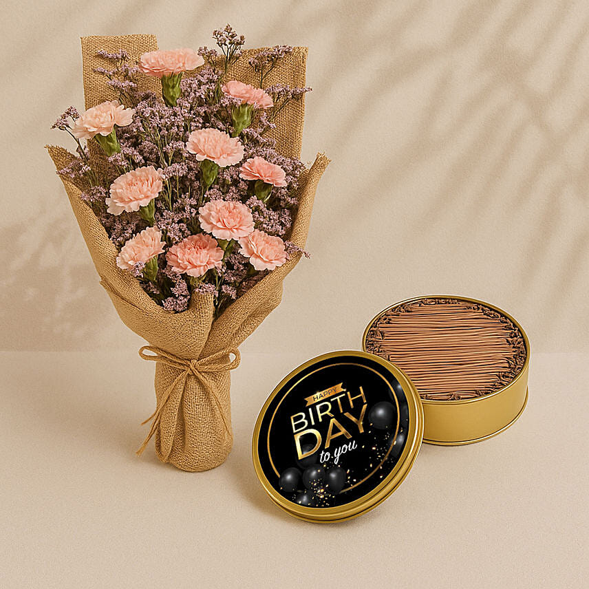 Charming Pink Carnations With Happy Birthday Cake In Tin Box