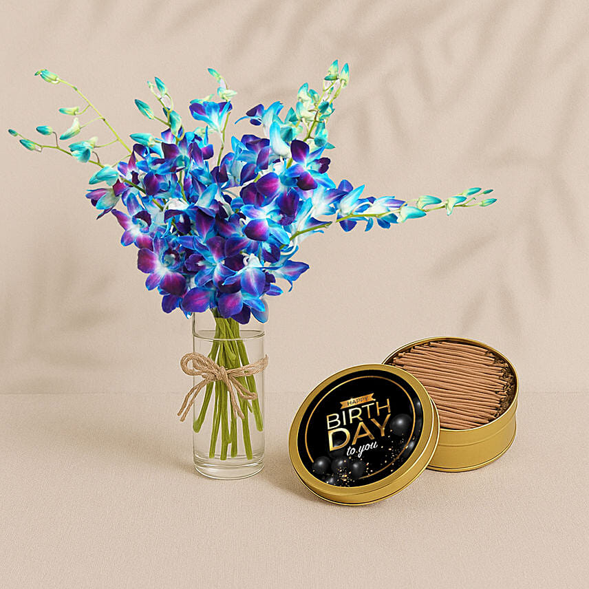 Blue Orchids Bouquet With Tin Cake
