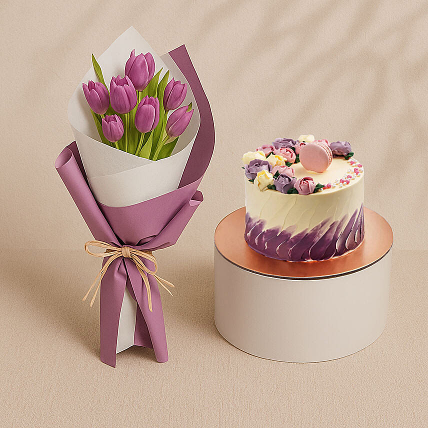 Purple Tulip Bouquet With Macaron Chocolate Delight
