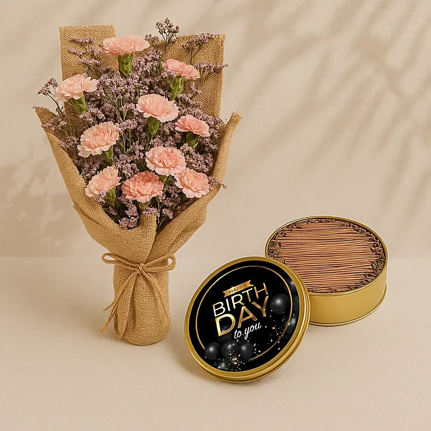 Charming Pink Carnations With Happy Birthday Cake In Tin Box