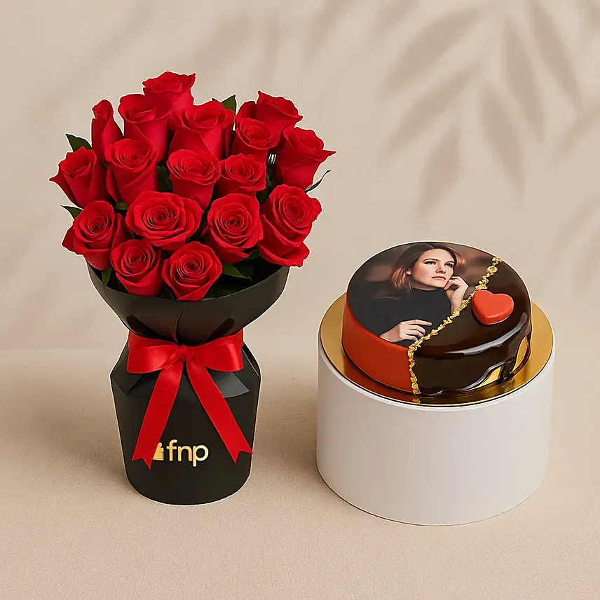 Red Velvet Whispers Of Roses With Photo Cake