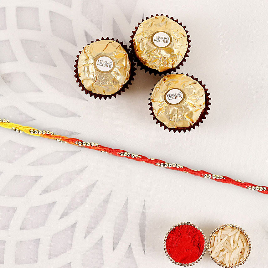 Sacred Bead Work Mauli Rakhi With Ferrero Rocher 3 Pcs: Rakhi