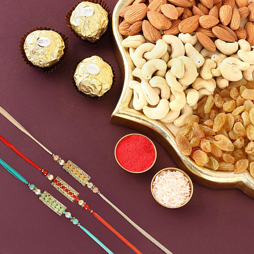 Ethnic Stone Rakhi And Mixed Fruits: Set of 3 Rakhi