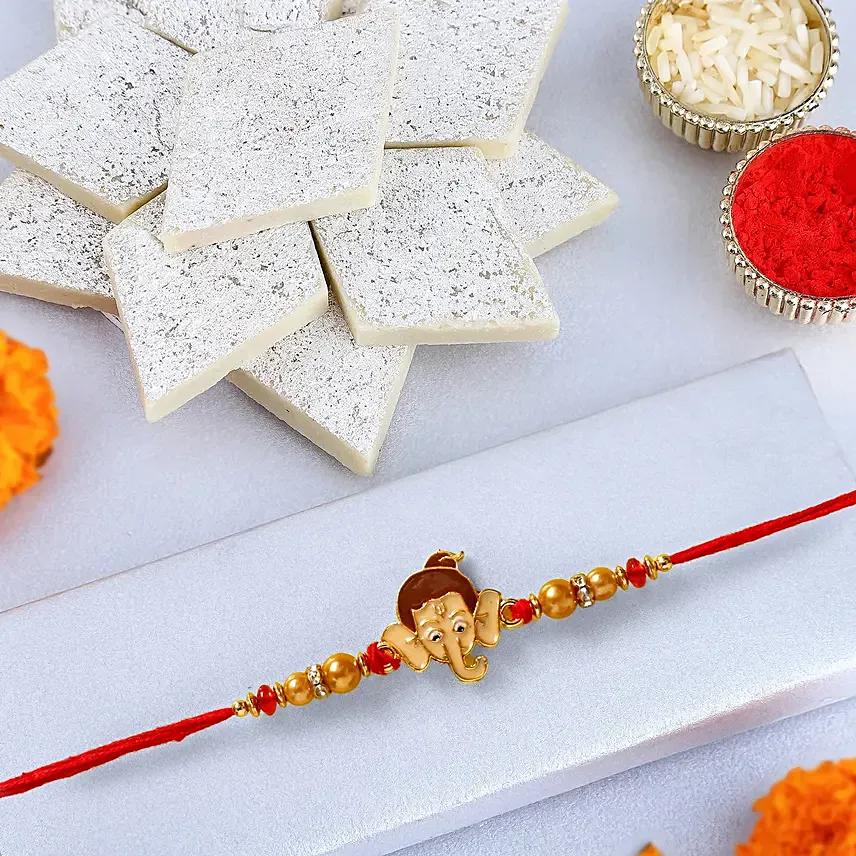 Long Trunk Bal Ganesha Pearl Rakhi For Kids And Kaju Katli: Rakhi Gifts 