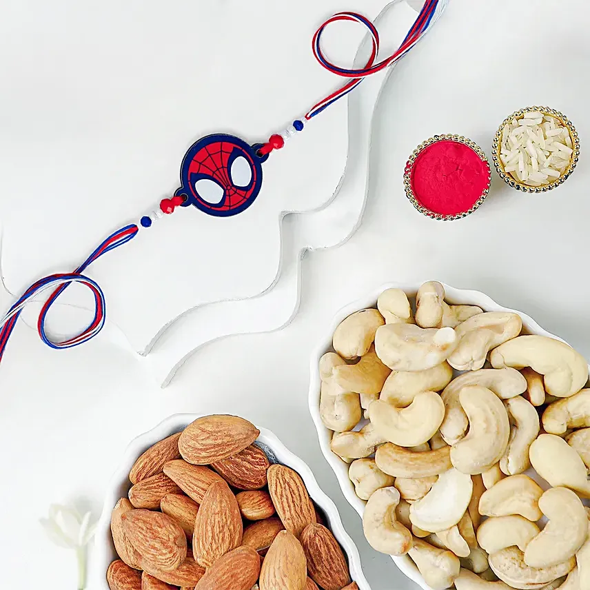 Red Spiderman Kid Rakhi And Cashew And Almonds: Rakhi Gifts 