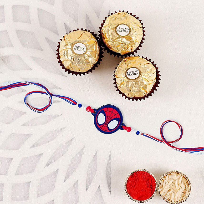 Red Spiderman Kid Rakhi And Ferrero Rocher 3 Pcs: Raksha Bandhan Gifts