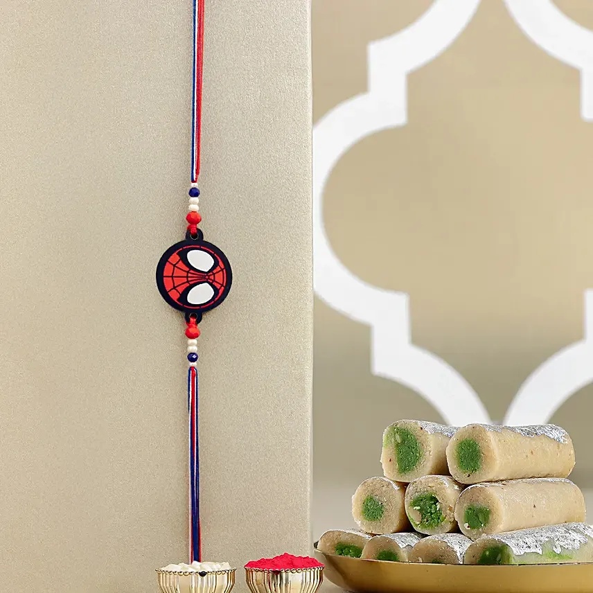 Red Spiderman Kid Rakhi And Kaju Roll: Rakhi Gifts 