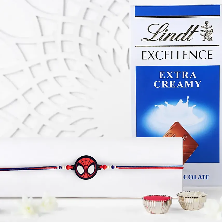 Red Spiderman Kid Rakhi And Lindt Chocolate: Raksha Bandhan Gifts