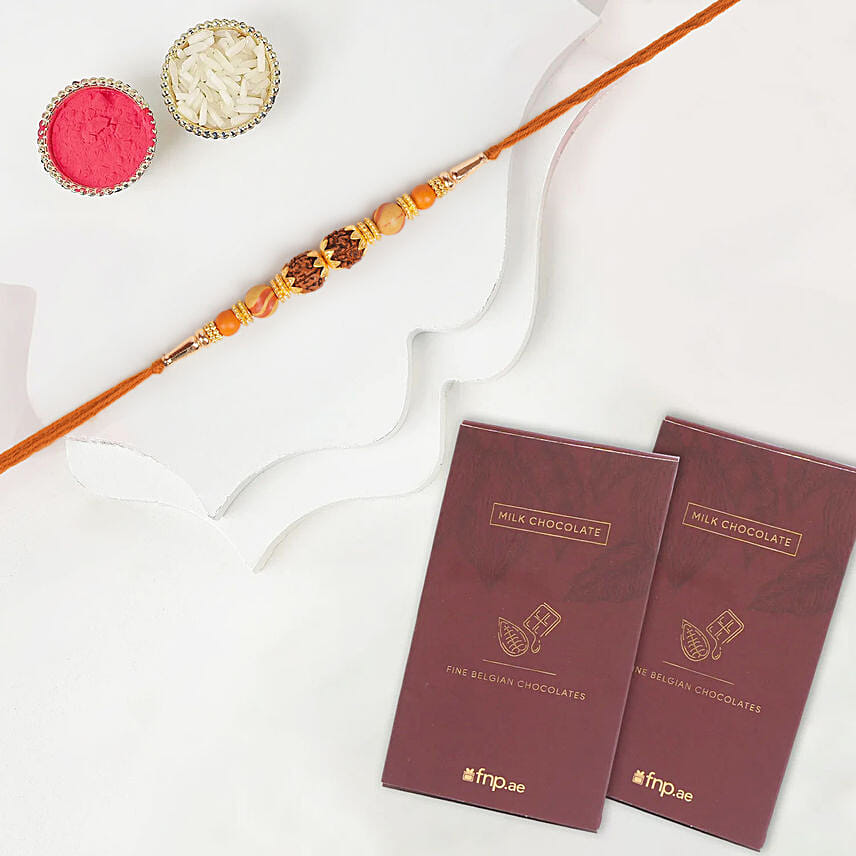 Divine Rudraksha Rakhi And 2 Fnp Chocolates: Rudraksha Rakhi 