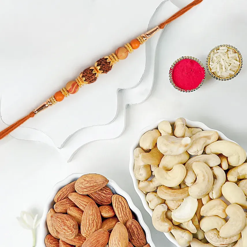 Divine Rudraksha Rakhi And Dry Fruits: Rudraksha Rakhi