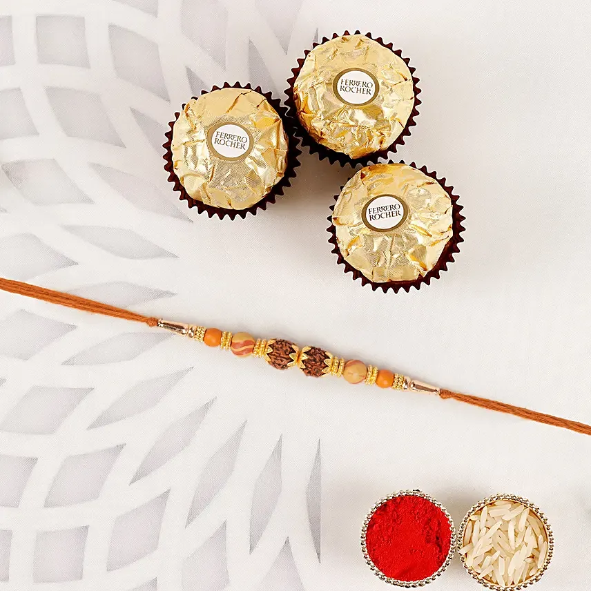 Divine Rudraksha Rakhi And Ferrero Rocher 3 Pcs: Rudraksha Rakhi 