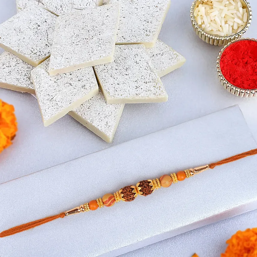 Divine Rudraksha Rakhi Kaju Katli: Rudraksha Rakhi 