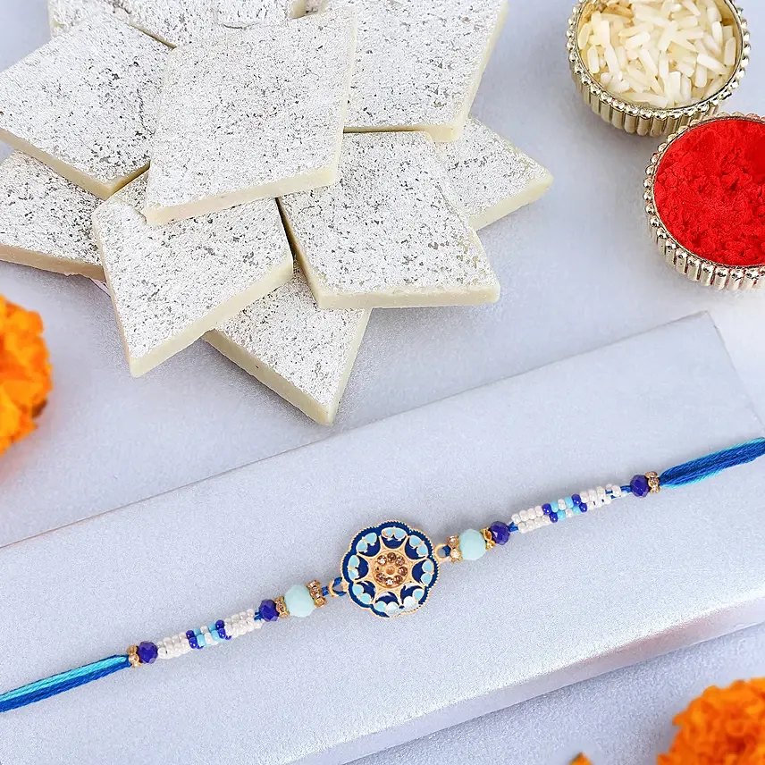 The Majestic Grace Meenakari Rakhi And Kaju Katli: Rakhi with Sweets