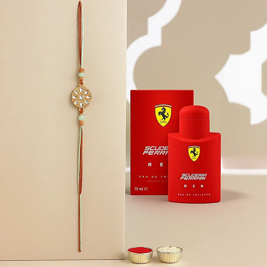 Pastel Floral Kundan Rakhi And Scuderia By Ferrari Perfume For Men Edt: Rakhi In Dubai