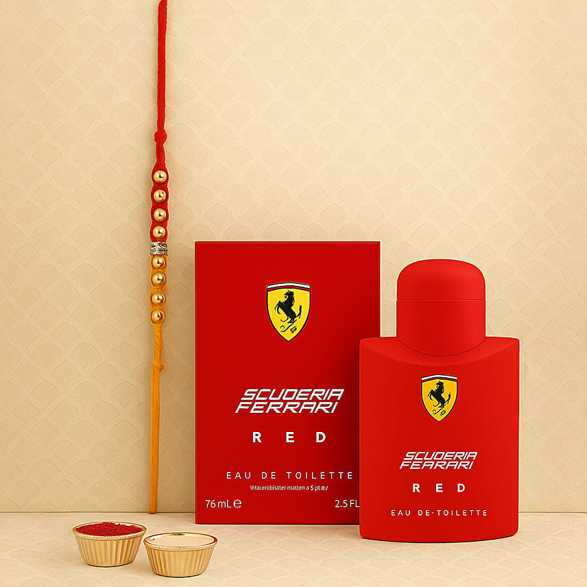 Red And Yellow Fancy Rakhi And Scuderia By Ferrari Perfume For Men Edt: Rakhi In Dubai