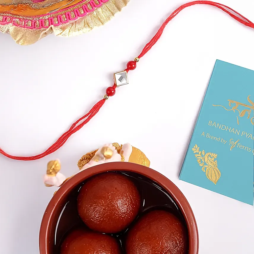 Red Thread Square Design Rakhi And Gulab Jamun: Rakhi In Dubai