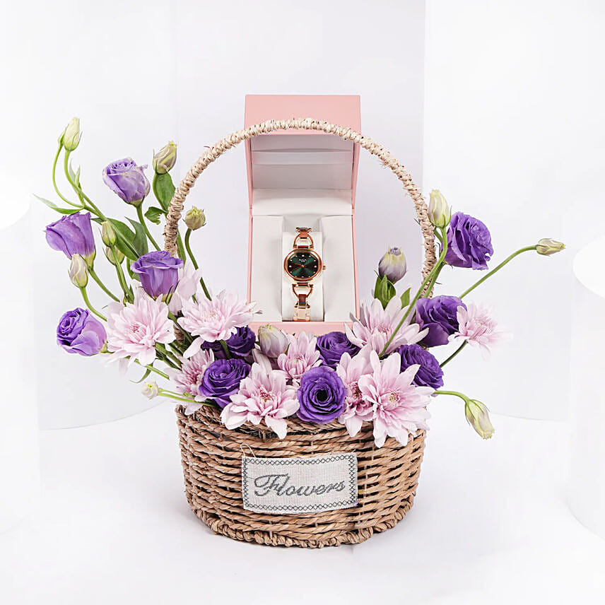 Titan Green Dial Watch with Fresh Floral Basket For Her: Titan Watches