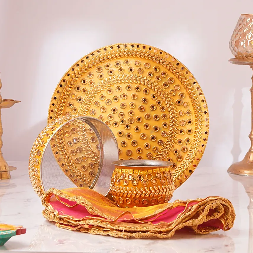 Golden Glow Karwa Chauth Thali Set: Pooja Thali 