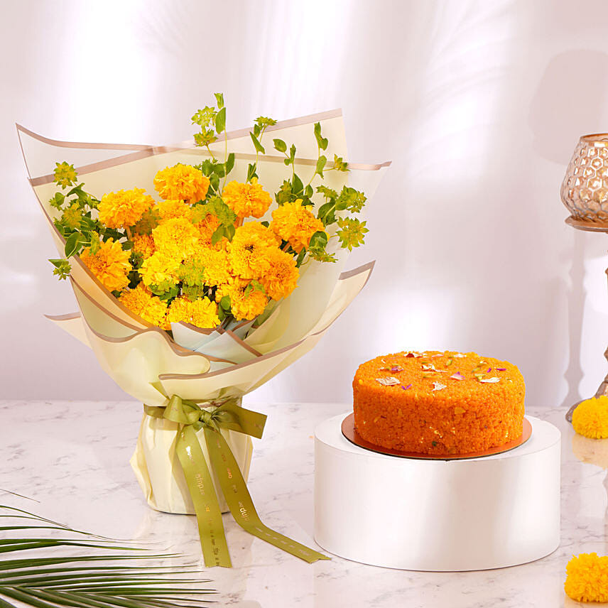 Shubh Diwali Marigold Bouquet With Cake: Diwali Flowers & Sweets