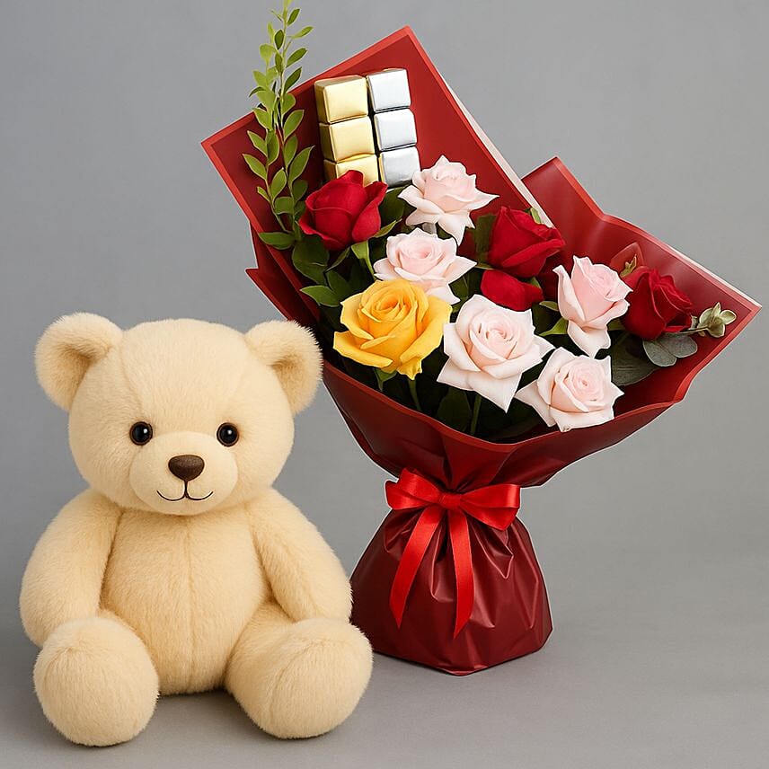 Classic Blooms and Chocolates with Teddy bear: Rose Day Flowers