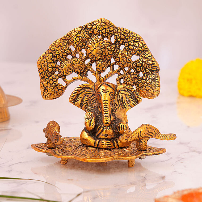 Beautiful Metal Ganesha Idol with Tree: Diwali Diya
