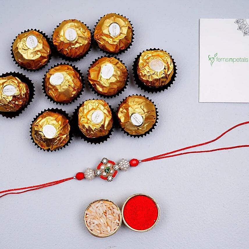 Appealing Floral Rakhi And 12 Pcs Ferrero Rocher: Rakhi With Chocolates