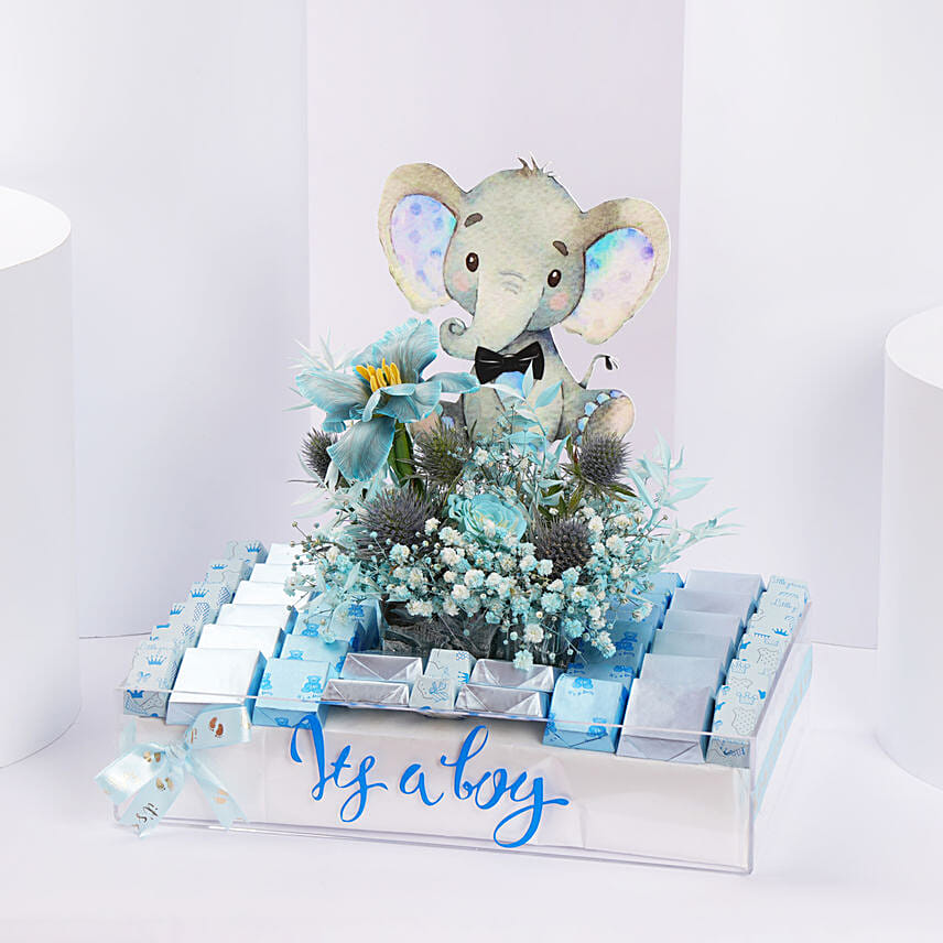 شوكولاتة بالحليب في طبق تقديم أنيق للمولود الصبي شوكولاتة بالحليب في طبق تقديم أنيق للمولود الصبي: تهنئة مولود جديد