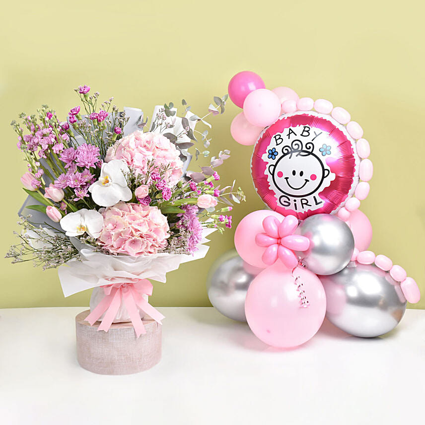 Baby Girl Balloons with Flowers Bouquet Baby Girl Balloons with Flowers Bouquet: Hydrangeas