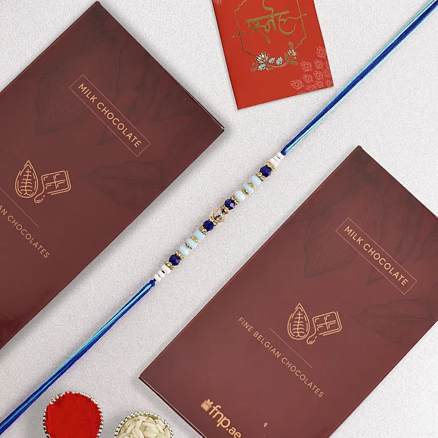 Beads of Bond Blue Rakhi N Milk Chocolates Beads of Bond Blue Rakhi N Milk Chocolates: Designer Fancy Rakhi