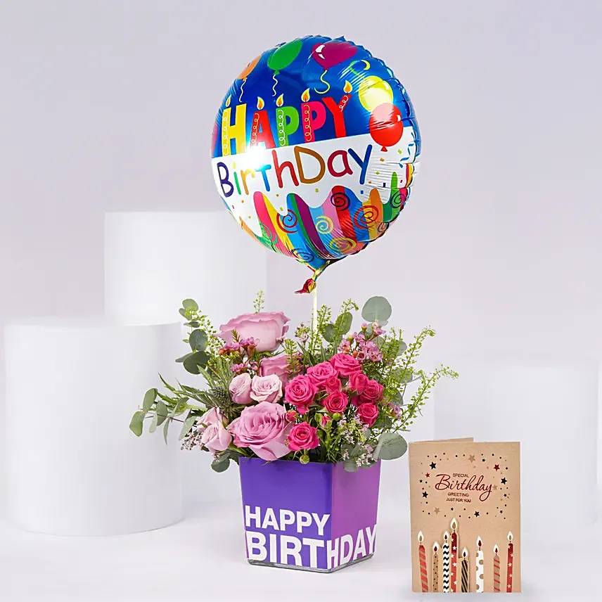 Birthday Balloon Flower and Card Combo Birthday Balloon Flower and Card Combo: Purple Rose Bouquets