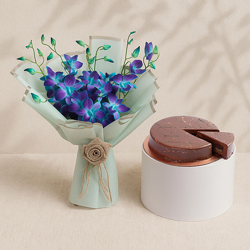 Blue Orchids Bouquet With Dubai Cake Blue Orchids Bouquet With Dubai Cake: Anniversary Flowers