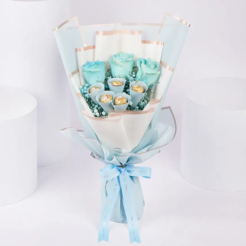Blue Roses and Rochers Bouquet Blue Roses and Rochers Bouquet: Men's Day Gifts